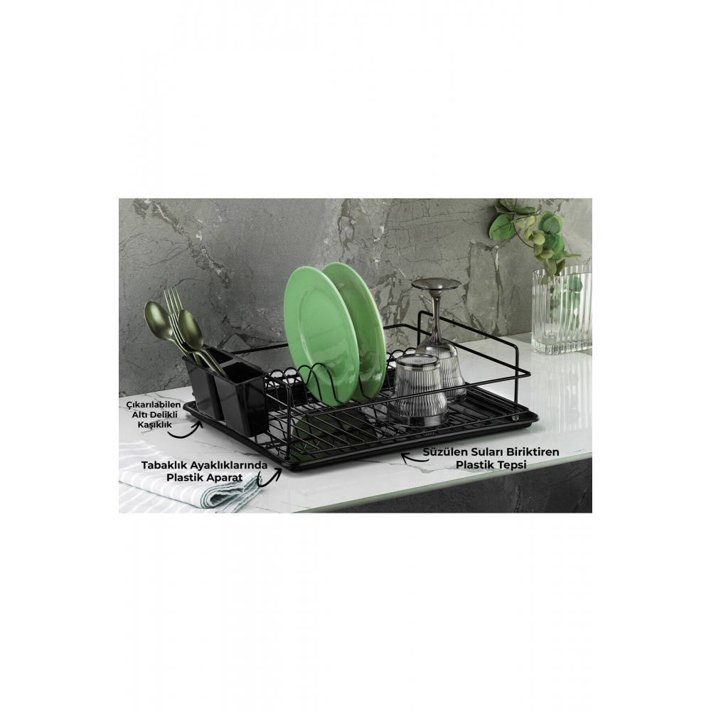 Ömür Boyu Paslanmaz Bulaşıklık Bulaşık Sepeti Tek Katlı Tabaklık Termo Plastik Kaplama Siyah