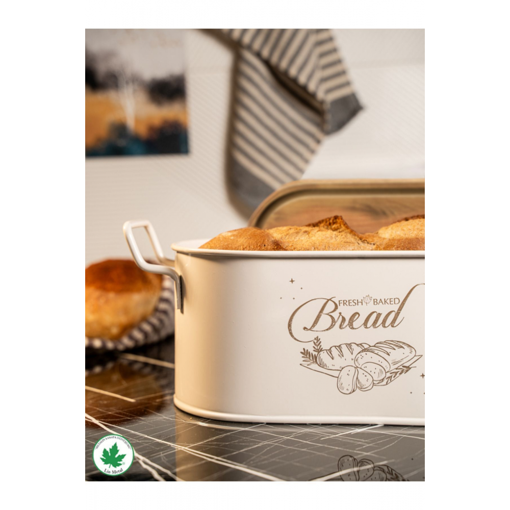 Ahşap Kapaklı Tel Kulplu Metal Ekmeklik (bread baskılı)