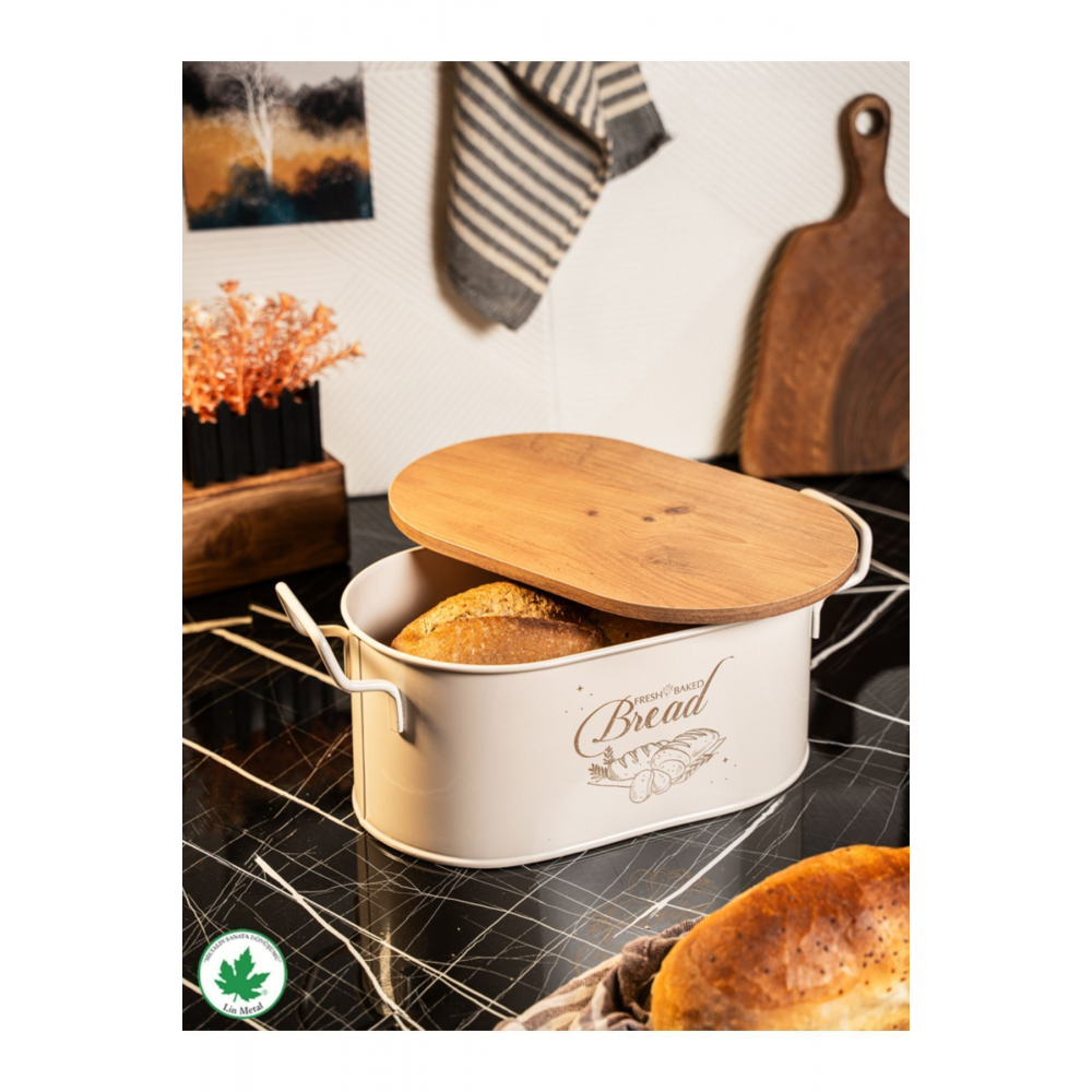 Ahşap Kapaklı Tel Kulplu Metal Ekmeklik (bread baskılı)