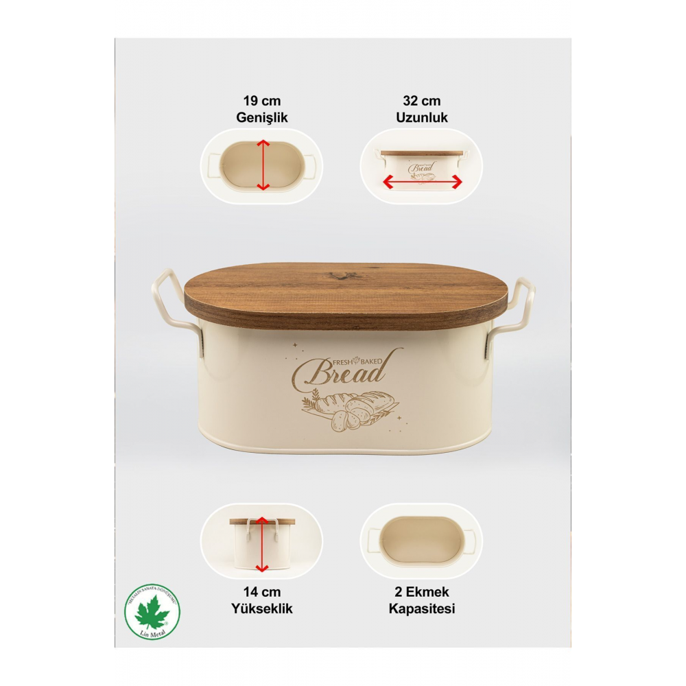 Ahşap Kapaklı Tel Kulplu Metal Ekmeklik (bread baskılı)