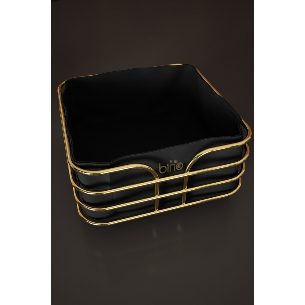Ekmeklik Ekmek Sepeti Çok Amaçlı Metal Kutu Lüx Gold Paslanmaz Sepet Siyah Kumaş