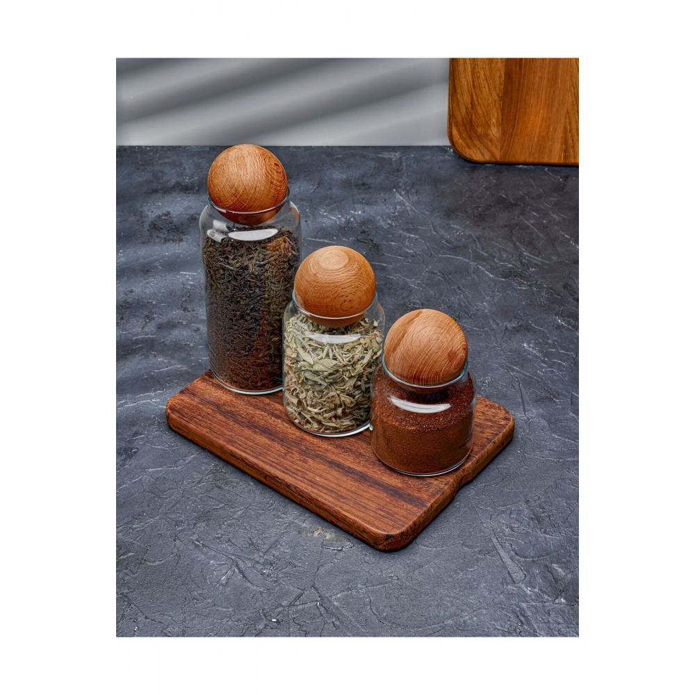 3'lü Ahşap Top Kapaklı Cam Kavanoz Seti Şekerlik Çerezlik Baharatlık Ve Saklama Kabı