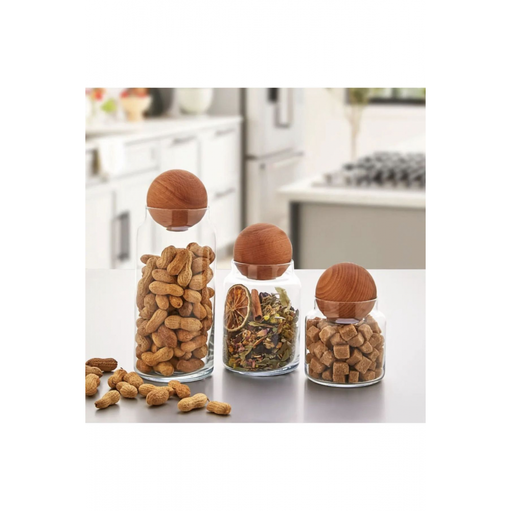 3'lü Ahşap Top Kapaklı Cam Kavanoz Seti Şekerlik Çerezlik Baharatlık Ve Saklama Kabı