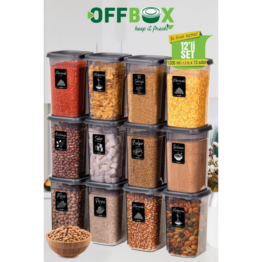 12 Adet 24 Parça 1,2 Litre Kare Erzak Bakliyat Saklama Kabı Seti Baharatlık 20 Adet Etiket Hediyeli