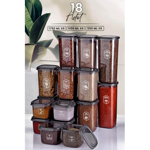 18'li Etiketli Square Kare Erzak Saklama Kabı Seti x6(550ml-1200ml-1750ml) Sert Kapaklı Kavanoz