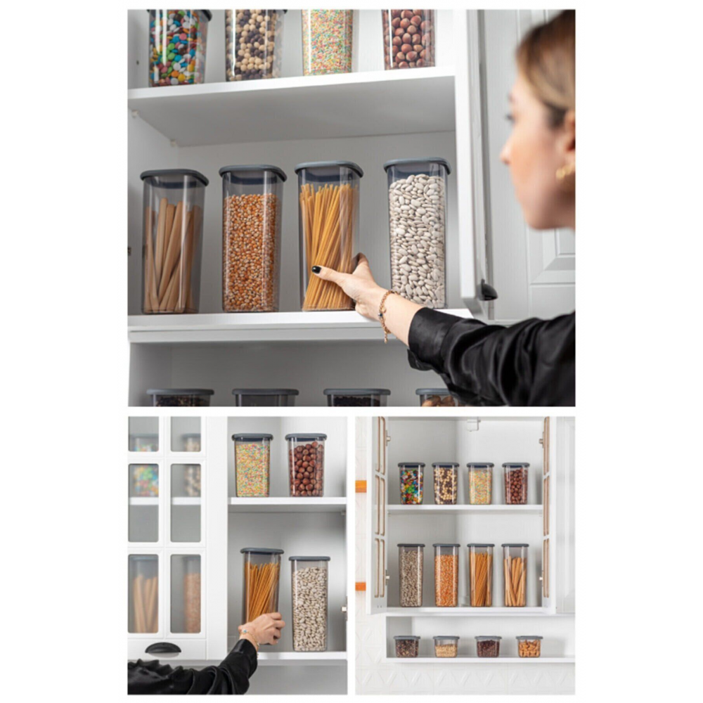 18'li Etiketli Square Kare Erzak Saklama Kabı Seti x6(550ml-1200ml-1750ml) Sert Kapaklı Kavanoz