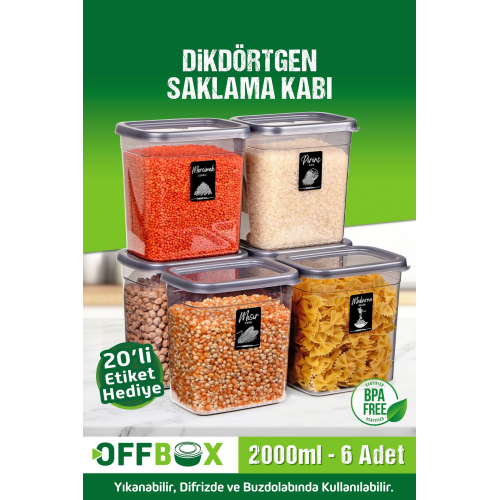 6 Adet 12 Parça Dikdörtgen 2 Litre Erzak Bakliyat Saklama Kabı Çeyiz Seti 20 Etiket Hediyeli