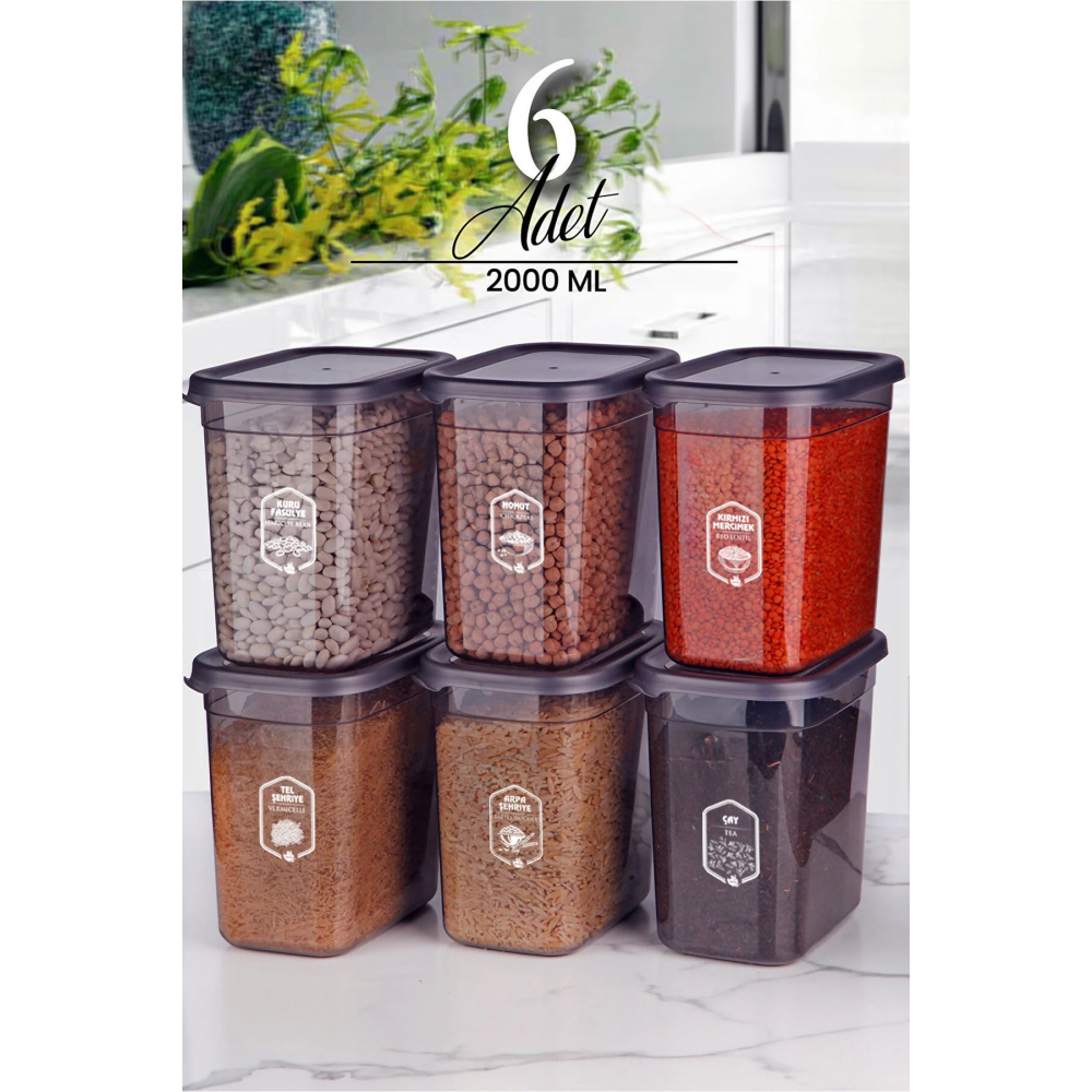 6'lı Etiketli Moly Dikdörtgen Erzak Saklama Kabı Seti 2000ml -çoklu Yapılabilen Set Kapaklı 2 Litre