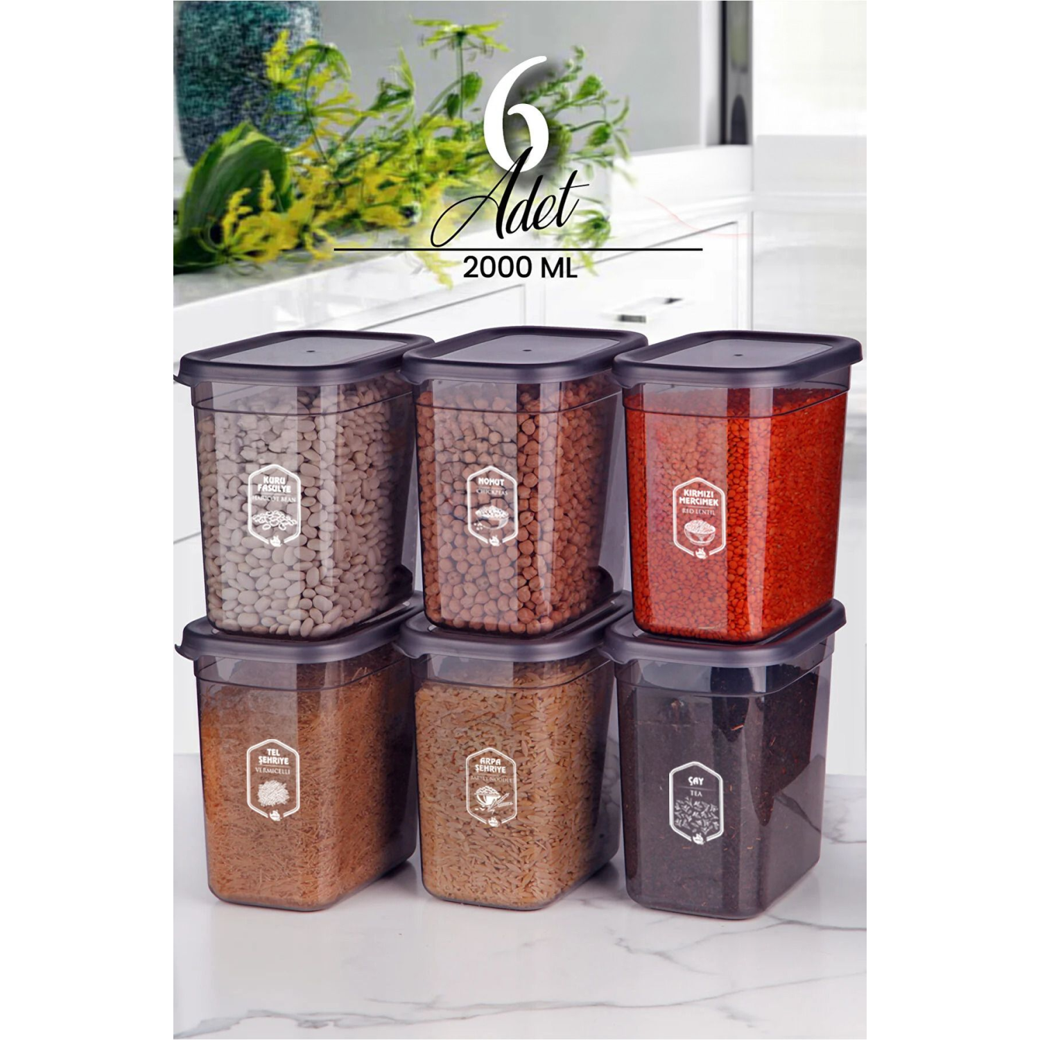 6'lı Etiketli Moly Dikdörtgen Erzak Saklama Kabı Seti 2000ml -çoklu Yapılabilen Set Kapaklı 2 Litre