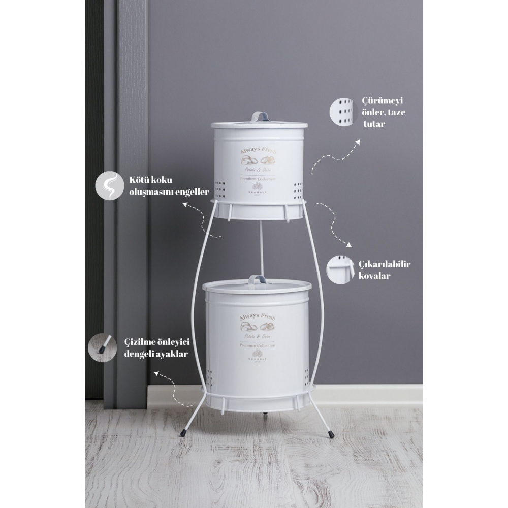 2 Katlı Lüx Ferforje Metal Patates Soğan Sepeti - Sebzelik - Patates Soğanlık Sepeti