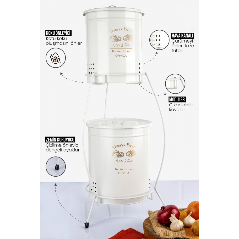 2 Katlı Metal Patates Soğanlık Kovası Çeyizlik Sebzelik Saklama Kabı - Beyaz