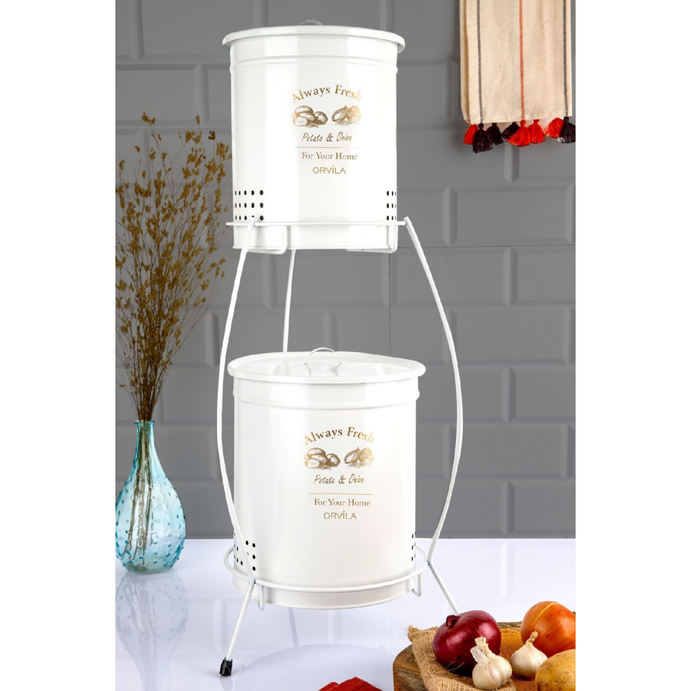 2 Katlı Metal Patates Soğanlık Kovası Çeyizlik Sebzelik Saklama Kabı - Beyaz