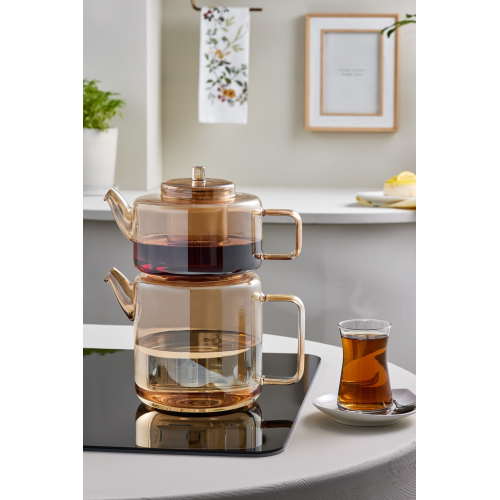 Flat Borosilikat Cam Çaydanlık Amber