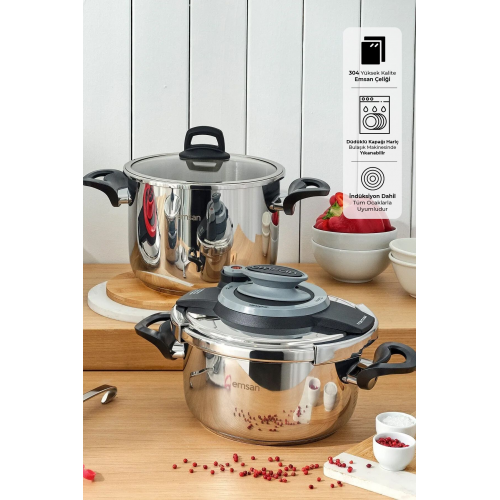 Montana 2'li 4+6 Litre Indüksiyon Tabanlı Düdüklü Tencere Seti Siyah Gri