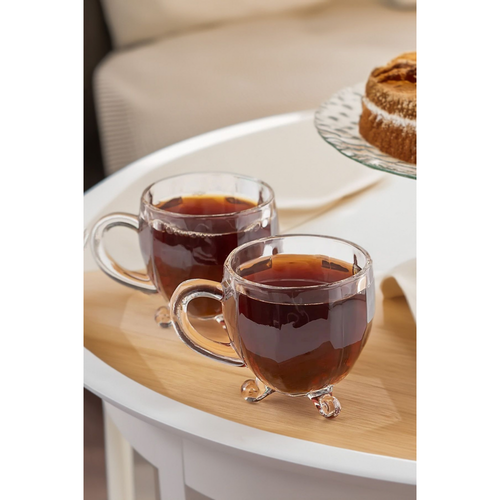 Richard 4'lü Cam Çay Fincanı 170cc Ayaklı Bardak - Kulplu Çay Kahve Bardağı