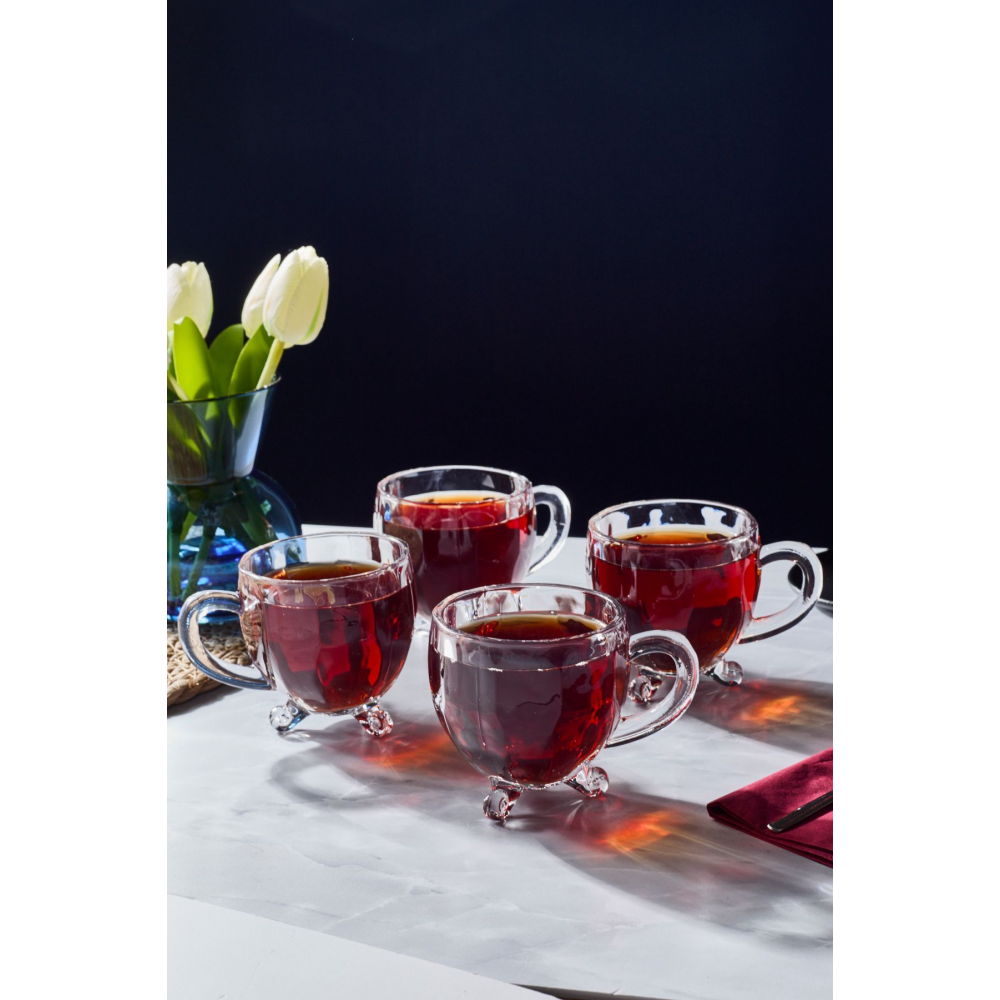 Richard 4'lü Cam Çay Fincanı 170cc Ayaklı Bardak - Kulplu Çay Kahve Bardağı