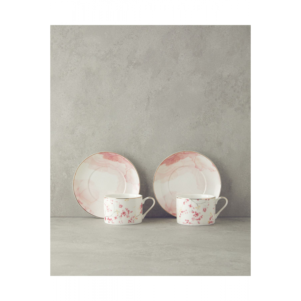 Sakura Style New Bone China 4 Parça 2 Kişilik Çay Fincanı Takımı Açık Pembe
