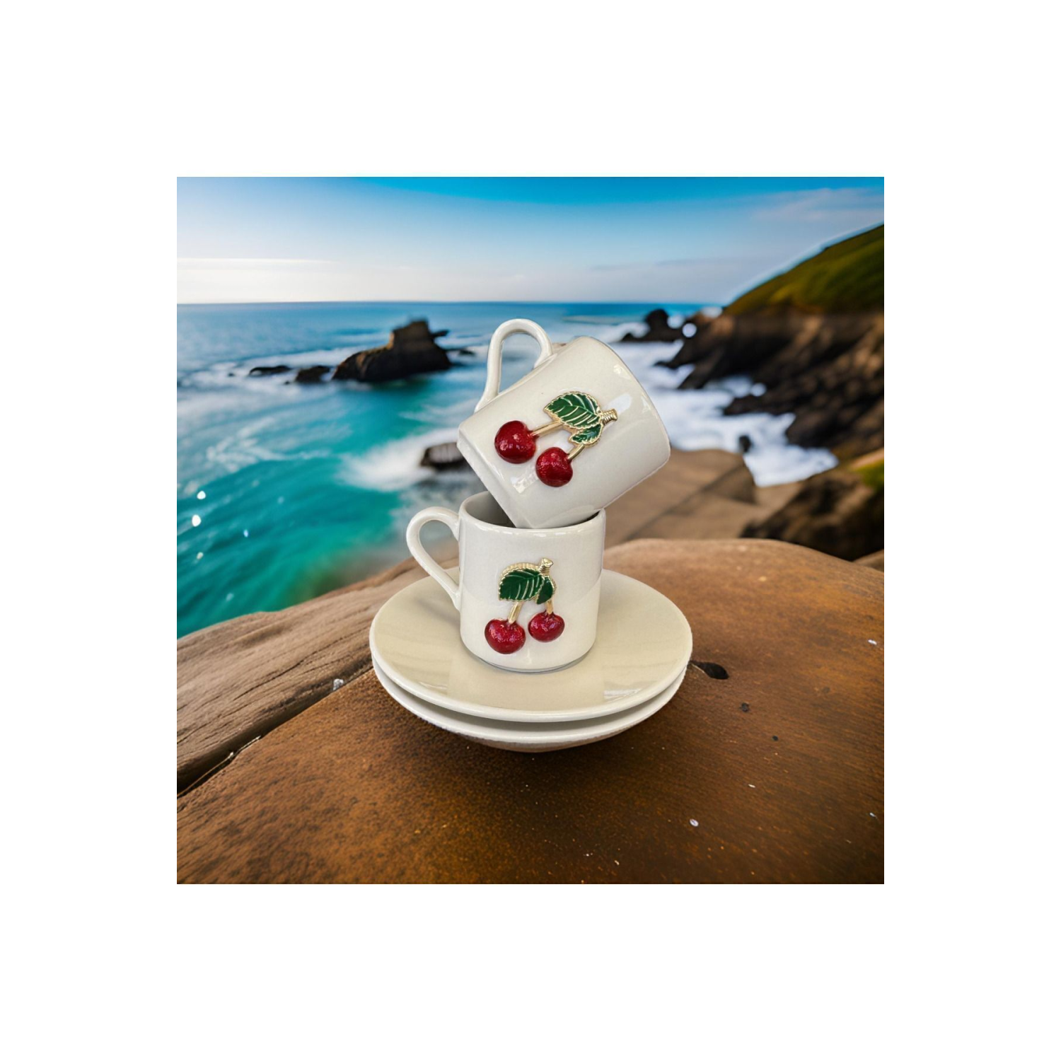 İkili Porselen Metalli Kiraz Türk Kahvesi Fincanı