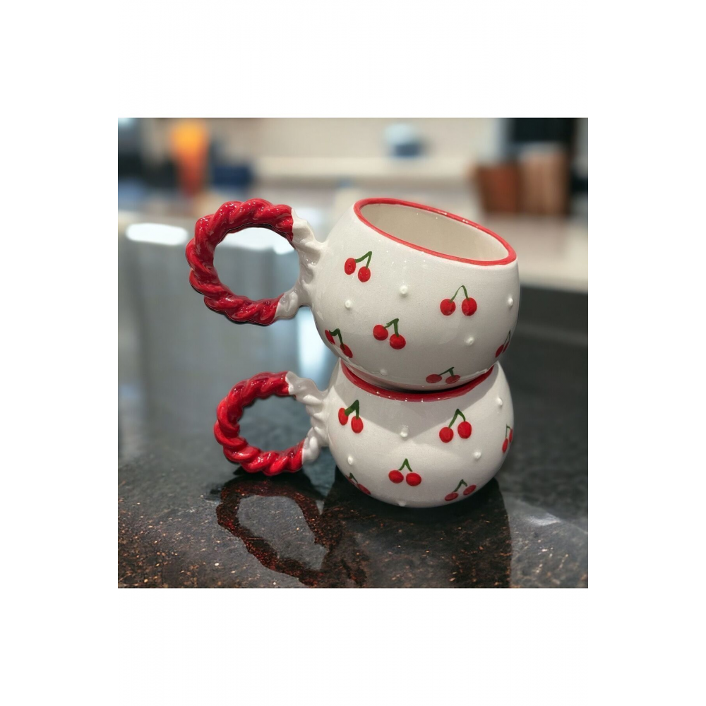 2 ‘ Li Baloncuk Örgü Kulp  Kiraz Desenli Özel Kabartmalı El işlemeli Seramik Kupa