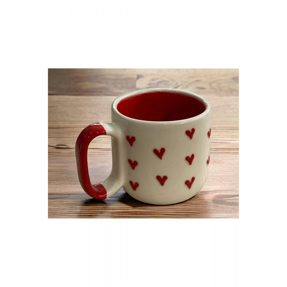 Özel Kabartmalı Kalpli El İşlemeli Seramik Sevgili 2 li Kupa