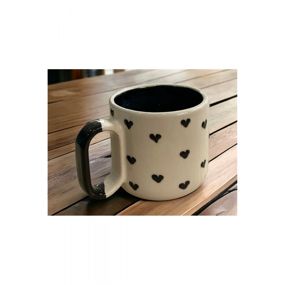 Özel Kabartmalı Kalpli El İşlemeli Seramik Sevgili 2 li Kupa