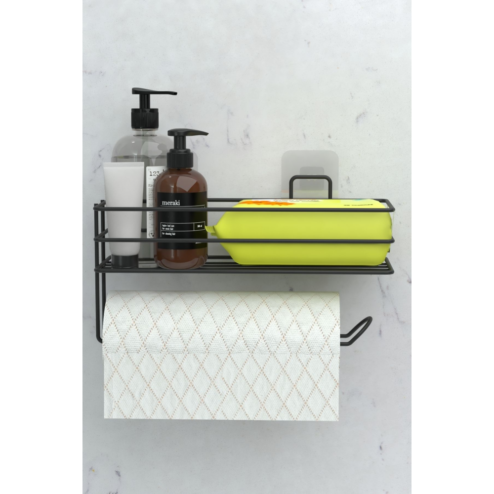 Yapışkanlı Raflı Kağıt Rulo Havluluk Peçetelik Havlu Kağıltlık Siyah Banyo Mutfak Düzenleyici Raf