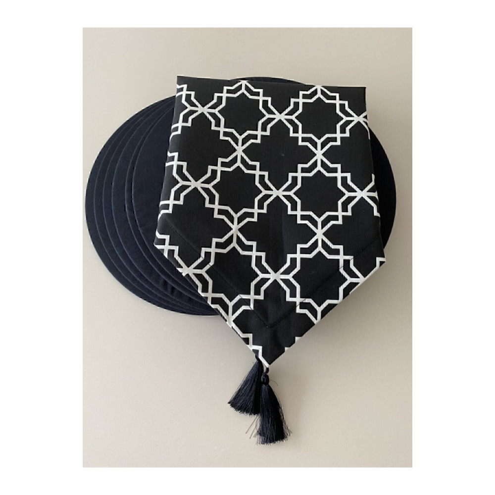 Siyah Klasik Desenli Runner Ve 6'lı Supla Seti Tasarim Takim Amerikan&servis