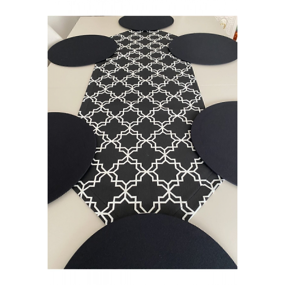 Siyah Klasik Desenli Runner Ve 6'lı Supla Seti Tasarim Takim Amerikan&servis