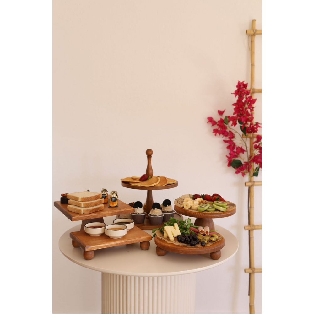 5li 2 Katlı Kek Standı, 25 Cm Pastalık, 25 Cm Risus, 17x25 Risus,25x25 Piramit Ahşap Çeyiz Seti