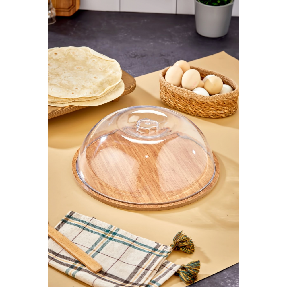 Ahşap Kek Fanusu - Yuvarlak 31cm - Akrilik Kapaklı Servis Sunum, Servis Fanusu