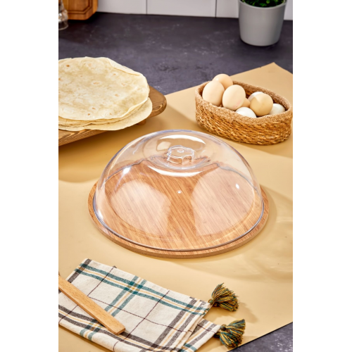 Ahşap Kek Fanusu - Yuvarlak 31cm - Akrilik Kapaklı Servis Sunum, Servis Fanusu