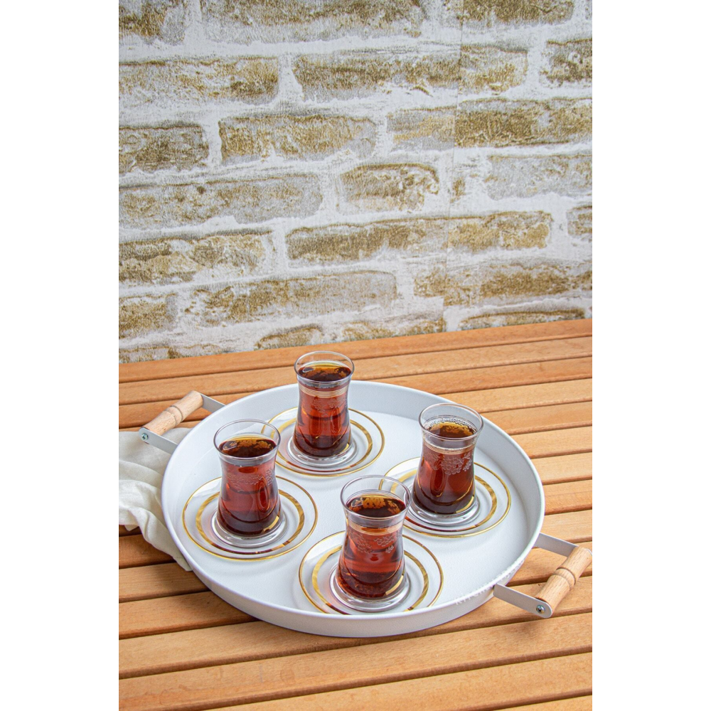 3 Lü Beyaz (45, 37, 30 CM) Ahşap Kulplu Metal Tepsi Çay Tepsisi Sunum Tepsi Seti