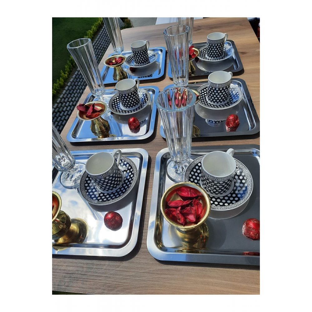 Paslanmaz Çelik Kare 6lı Aksesuarsız Çay Kahve Sunum Tepsisi