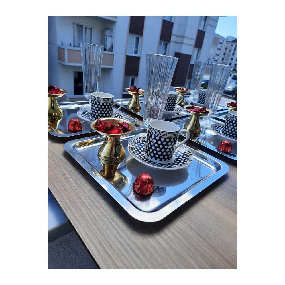 Paslanmaz Çelik Kare 6lı Aksesuarsız Çay Kahve Sunum Tepsisi