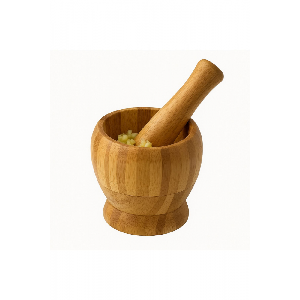 Doğal Bambu Ahşap Sarımsak Ezeceği Havan Orta Boy