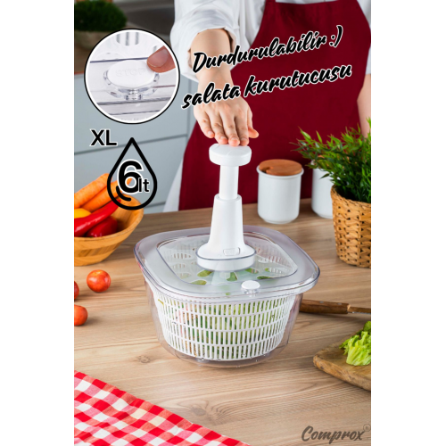 BEYAZ XL Pratik 6LT Manuel Sebze Kurutucu Salata Kurutucu (Stop Düğmeli)