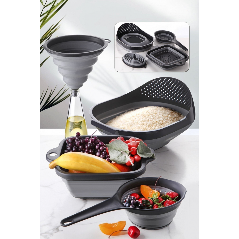 4'lü Akordiyon Katlanır Süzgeç Seti - Mutfak Çeyiz Seti (akordeon Saplı Pirinç Süzgeci Huni Gri)