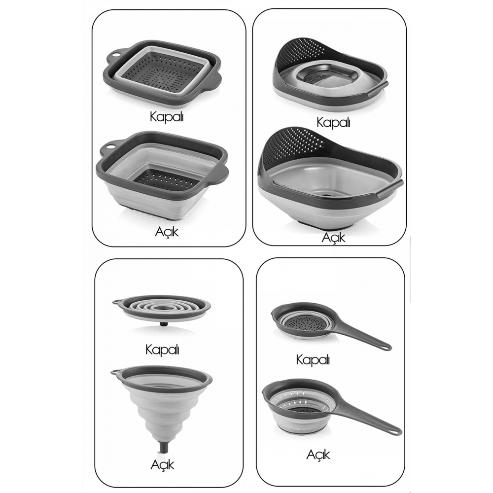 4'lü Akordiyon Katlanır Süzgeç Seti - Mutfak Çeyiz Seti (akordeon Saplı Pirinç Süzgeci Huni Gri)