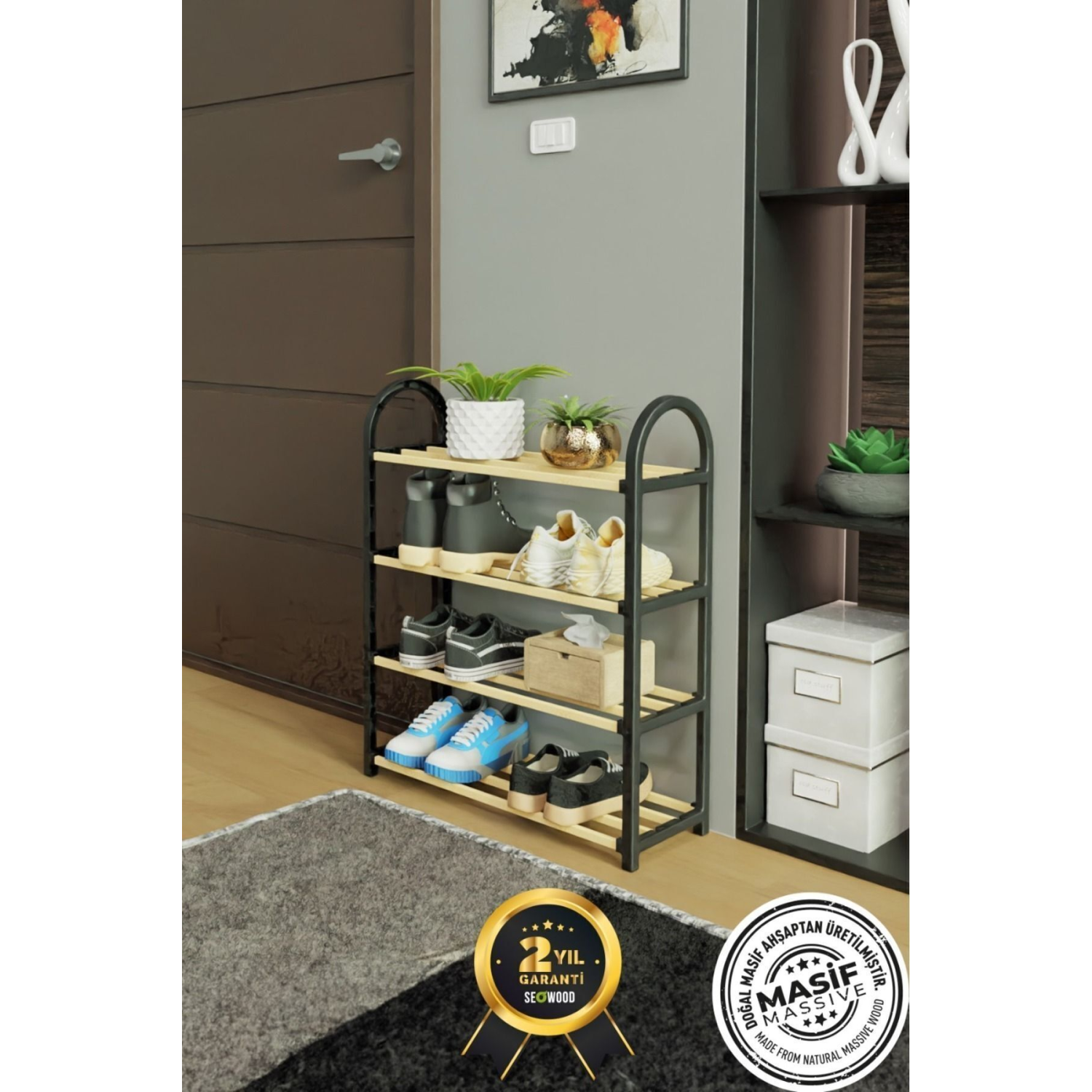 4 Katlı 1.sınıf Süper Kalite Masif Siyah Ahşap Ayakkabılık Sw5004