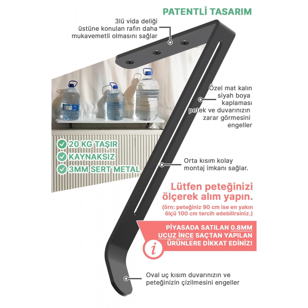 Montajsız Petek Üstü Uçan Raf Dresuar Kalorifer Peteği Rafı Kitaplık 80 X 18 Cm Beyaz Oval Kesim