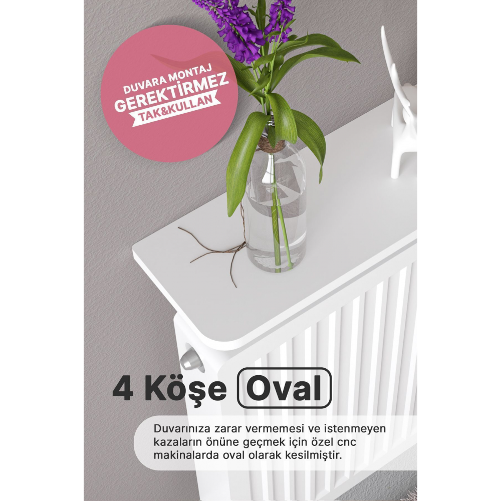 Montajsız Petek Üstü Uçan Raf Dresuar Kalorifer Peteği Rafı Kitaplık 80 X 18 Cm Beyaz Oval Kesim
