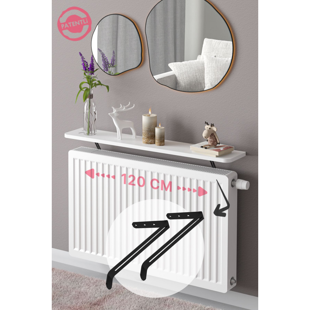 Riv Petek Üstü Uçan Raf Dresuar Kalorifer Peteği Rafı 120 X 18 Cm Beyaz Oval Kesim