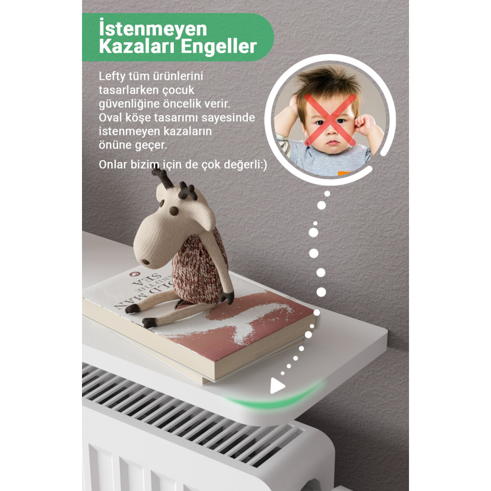 Riv Petek Üstü Uçan Raf Dresuar Kalorifer Peteği Rafı 120 X 18 Cm Beyaz Oval Kesim