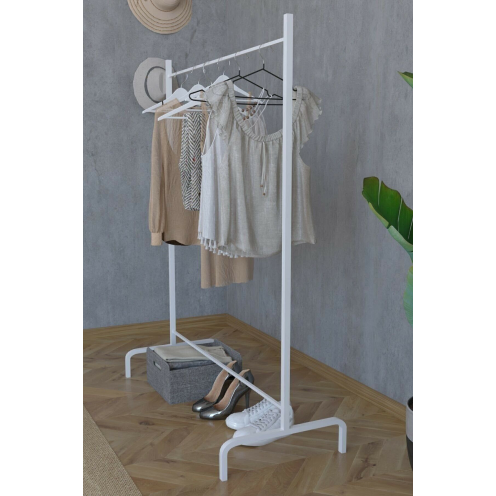 135 cm Metal Askılık Portatif Konfeksiyon Elbise Askısı Beyaz (104x135x45cm) Metal 104 cm Beyaz