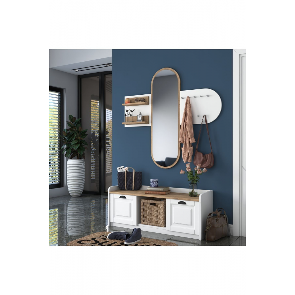 Rani Ee101 Aynalı Vestiyer Modern Portmanto Duvar Askısı Ayakkabılık Renk: Beyaz - S. Ceviz