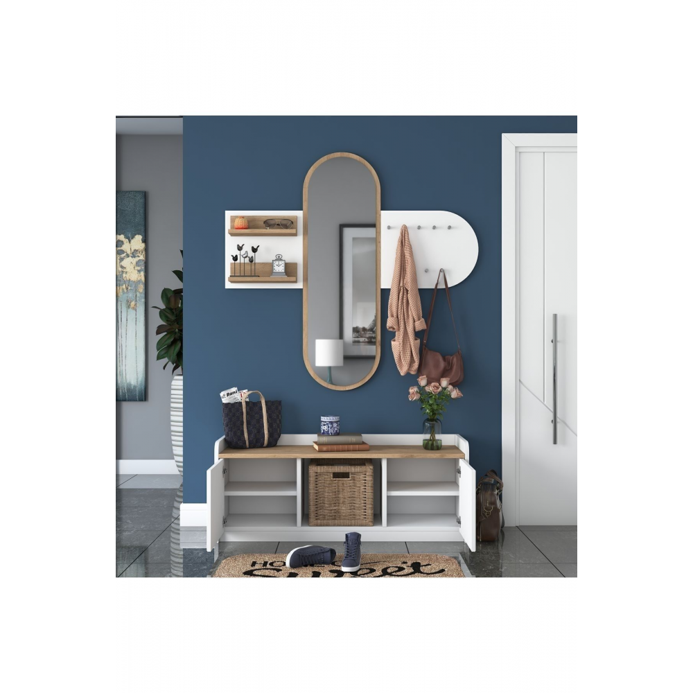 Rani Ee101 Aynalı Vestiyer Modern Portmanto Duvar Askısı Ayakkabılık Renk: Beyaz - S. Ceviz