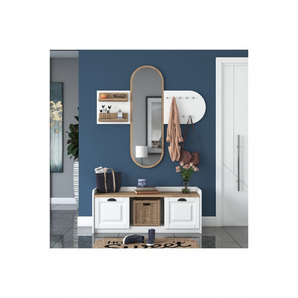 Rani Ee101 Aynalı Vestiyer Modern Portmanto Duvar Askısı Ayakkabılık Renk: Beyaz - S. Ceviz