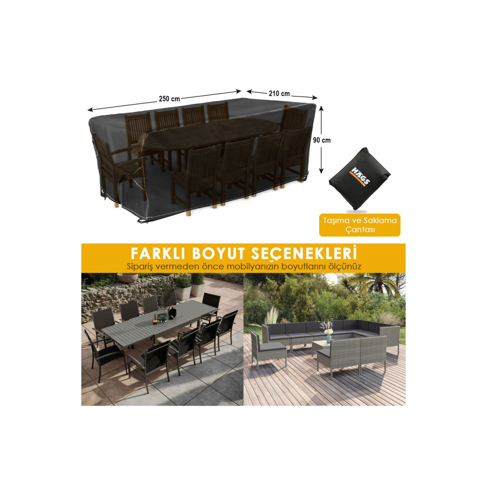 Bahçe Mobilyası Örtüsü, 250-210-90cm, Su Geçirmez, Dış Mekan Masa ve Sandalye Koruma Kılıfı