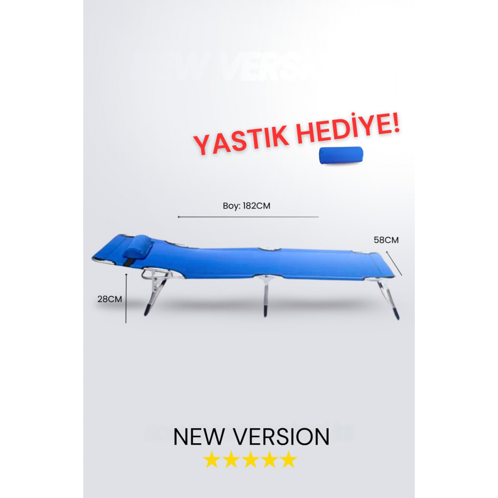 Ecm Mavi Katlanabilir Şezlong Kampet Plaj Yatağı-oxfort Yırtılmaz Kumaş, Paslanmaz Gövde (YASTIKLI)