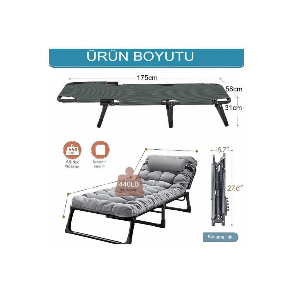 Katlanır Minderli Şezlong Kampet Plaj Yatağı 4 Kademeli Sandalyesi Oxfort Paslanmaz Yatak Şezlong